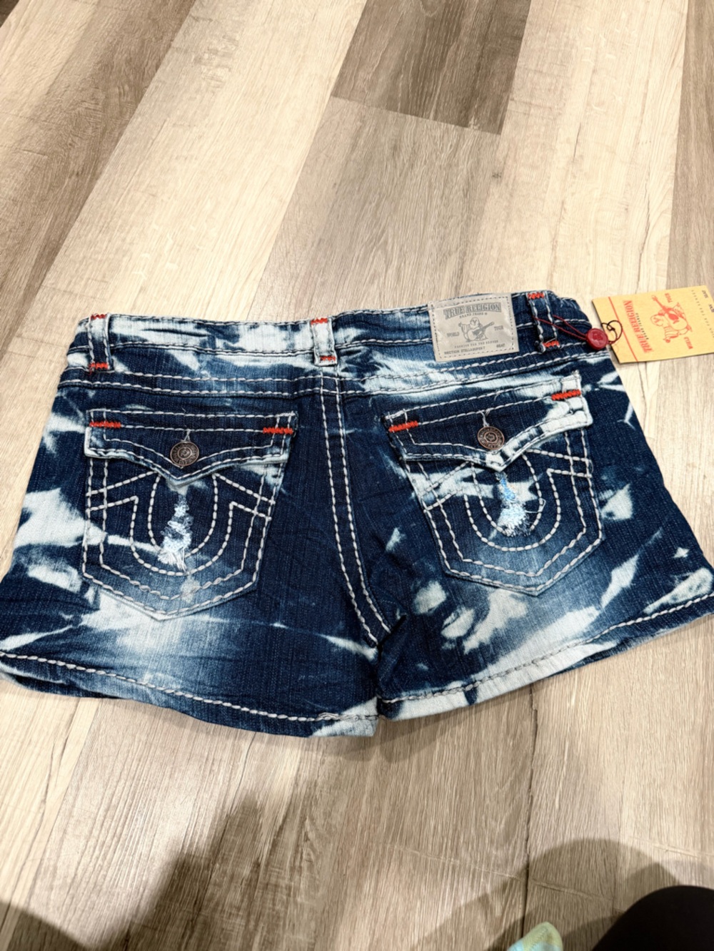 True Religion Bleached Dark Indigo Tie-Dye Jean Shorts Sz 34